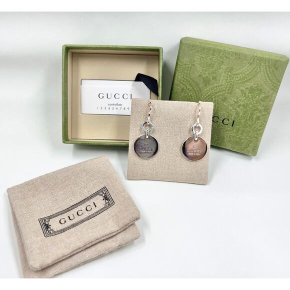nib GUCCI logo engraved sterling silver circle drop earrings - Picture 1 of 3